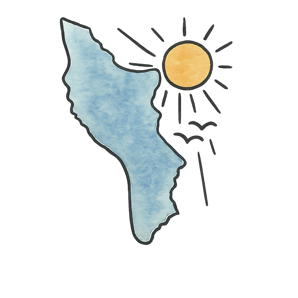 logo illustré de la maison Le Bout au Vent sur l’île d’Oléron, avec soleil et forme de l’île.